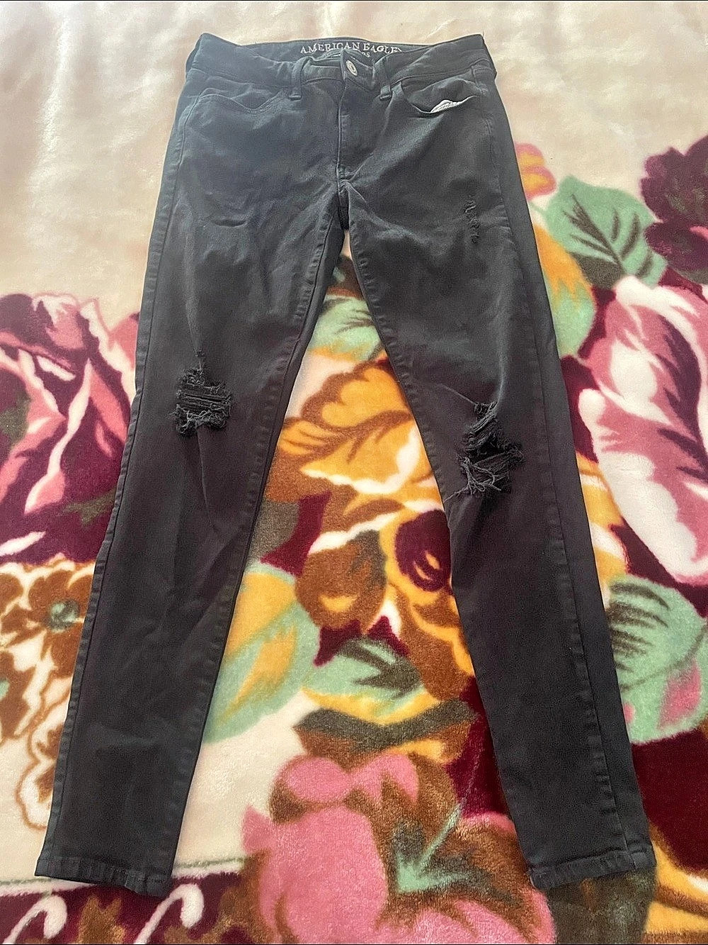 American Eagle Super Stretch Jegging Black Skinny Ripped Distressed Jeans US 6